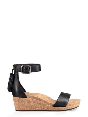 UGG Zoe II Black Leather Ankle-Strap Cork Wedge Sandals size 8